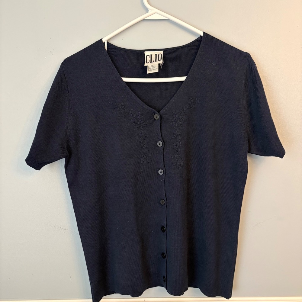 Vtg CLIO Navy Blue Silk Cotton Short Sleeve Embroidered Cardigan Sweater Top Med